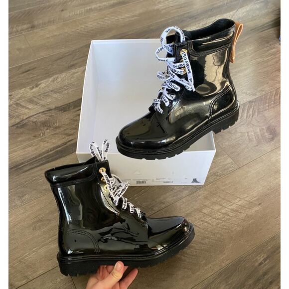 See by Chloe Florrie Rain Boots black 37 logo lace combat style - Picture 1 of 4